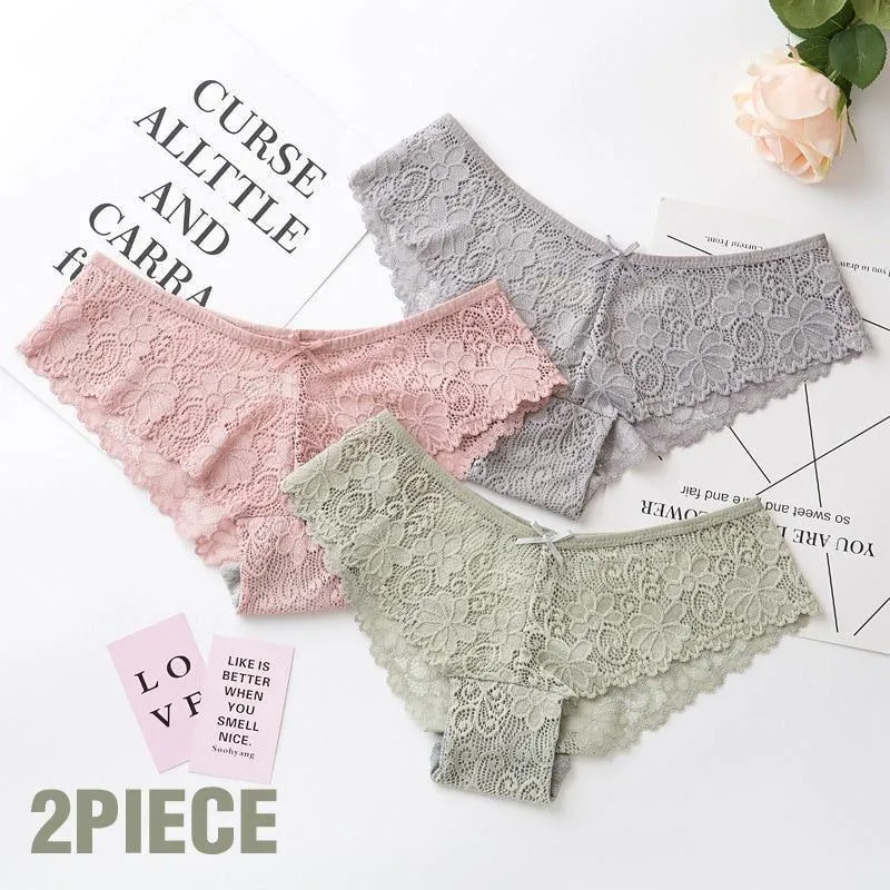 2 Pack Lace Panties Lingerie Briefs Cotton Low Waist Cute Underwear