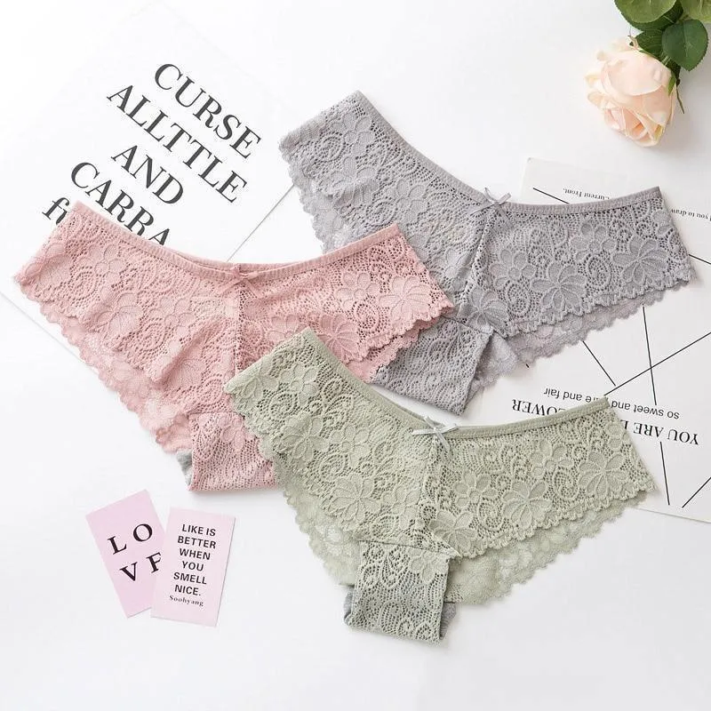 2 Pack Lace Panties Lingerie Briefs Cotton Low Waist Cute Underwear