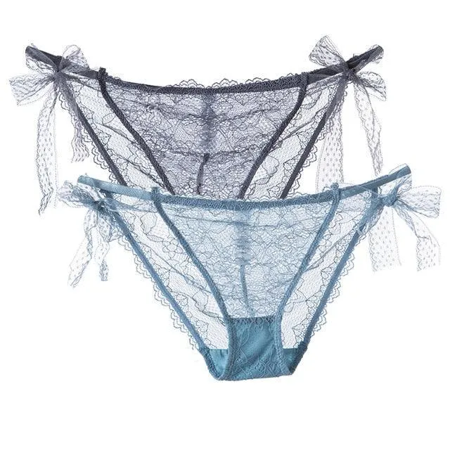 2 Pack Women Lace Lingerie Temwptation Low-Waist Panties Transparent Hollow Out Underpants Briefs Underwear