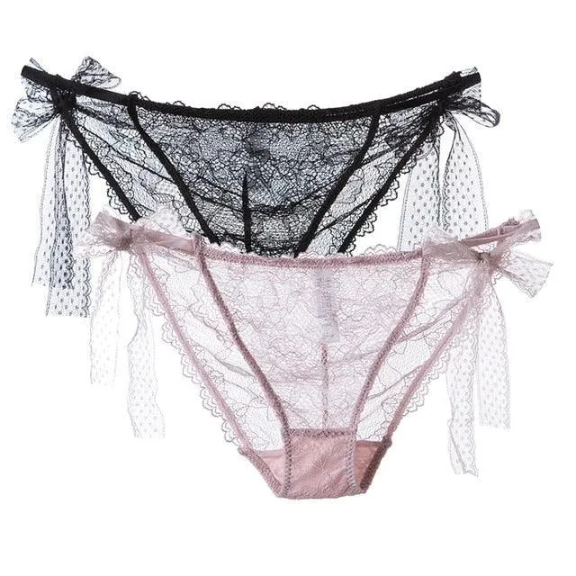 2 Pack Women Lace Lingerie Temwptation Low-Waist Panties Transparent Hollow Out Underpants Briefs Underwear
