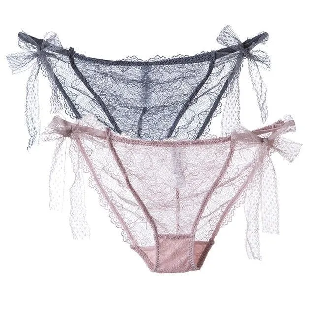 2 Pack Women Lace Lingerie Temwptation Low-Waist Panties Transparent Hollow Out Underpants Briefs Underwear