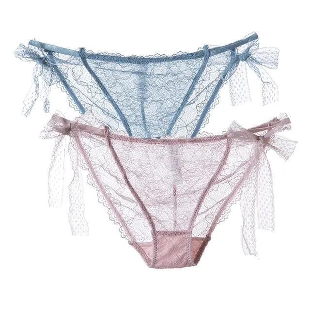 2 Pack Women Lace Lingerie Temwptation Low-Waist Panties Transparent Hollow Out Underpants Briefs Underwear