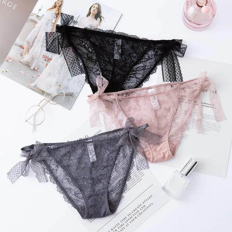 2 Pack Women Lace Lingerie Temwptation Low-Waist Panties Transparent Hollow Out Underpants Briefs Underwear