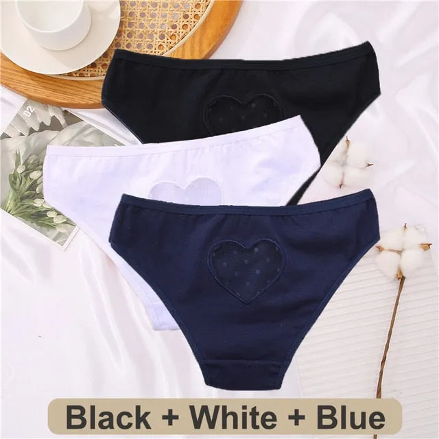 3 pack Cotton Mix Panties Lace Transparent Heart Low-Waist Underpant Hollow Out Briefs Seamless Underwear Lingerie
