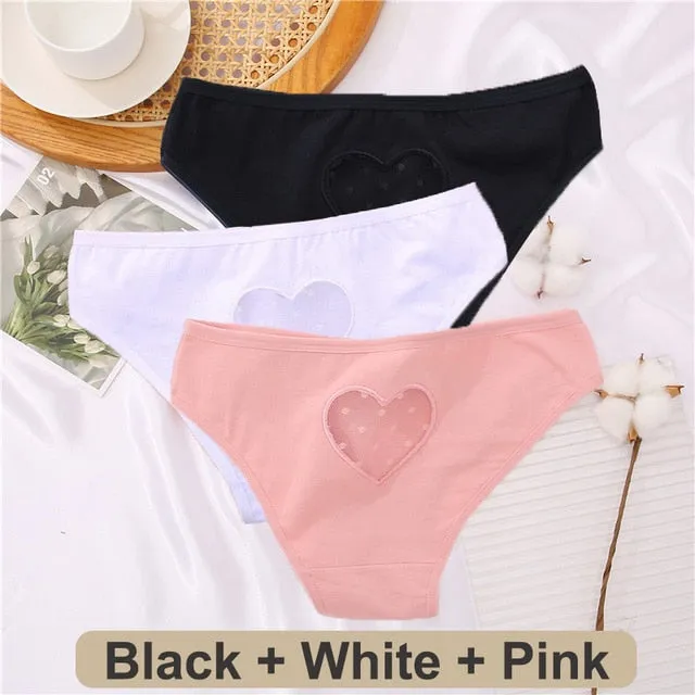 3 pack Cotton Mix Panties Lace Transparent Heart Low-Waist Underpant Hollow Out Briefs Seamless Underwear Lingerie