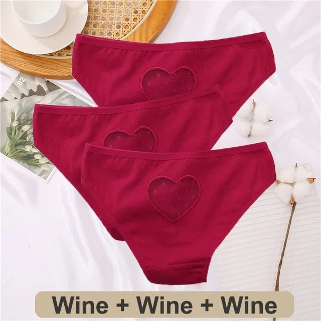 3 pack Cotton Mix Panties Lace Transparent Heart Low-Waist Underpant Hollow Out Briefs Seamless Underwear Lingerie