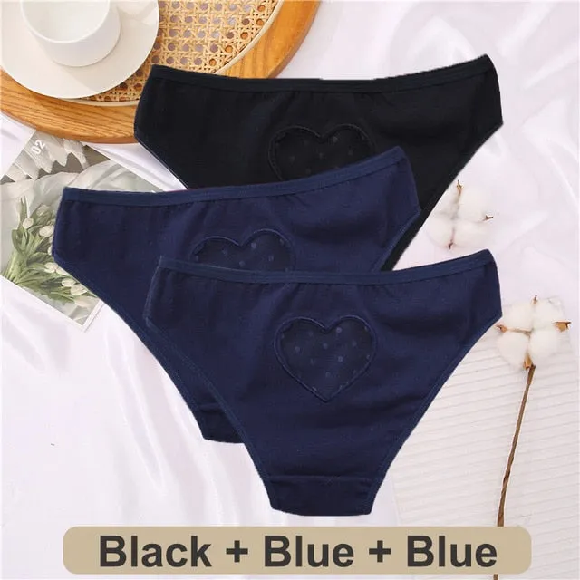 3 pack Cotton Mix Panties Lace Transparent Heart Low-Waist Underpant Hollow Out Briefs Seamless Underwear Lingerie