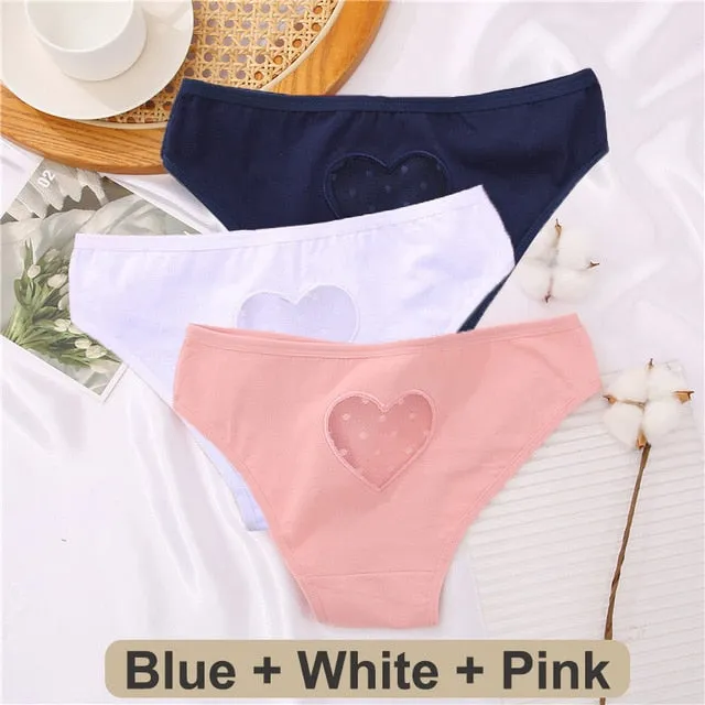 3 pack Cotton Mix Panties Lace Transparent Heart Low-Waist Underpant Hollow Out Briefs Seamless Underwear Lingerie