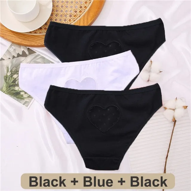 3 pack Cotton Mix Panties Lace Transparent Heart Low-Waist Underpant Hollow Out Briefs Seamless Underwear Lingerie