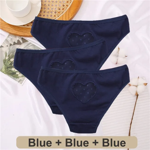 3 pack Cotton Mix Panties Lace Transparent Heart Low-Waist Underpant Hollow Out Briefs Seamless Underwear Lingerie