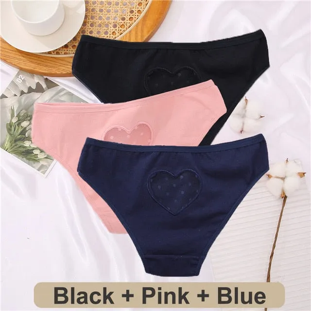 3 pack Cotton Mix Panties Lace Transparent Heart Low-Waist Underpant Hollow Out Briefs Seamless Underwear Lingerie
