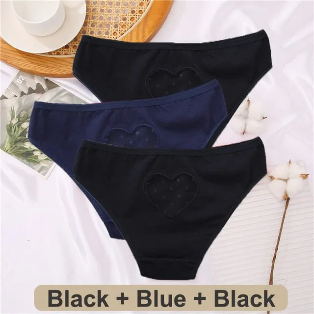 3 pack Cotton Mix Panties Lace Transparent Heart Low-Waist Underpant Hollow Out Briefs Seamless Underwear Lingerie