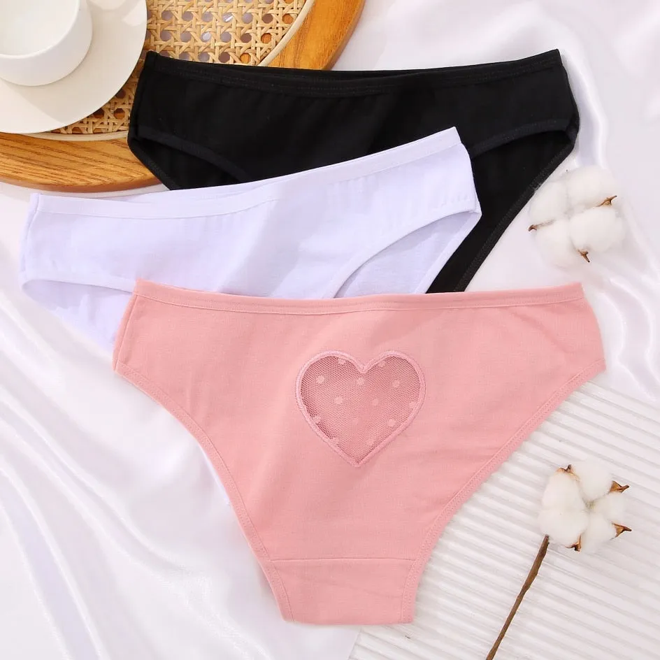 3 pack Cotton Mix Panties Lace Transparent Heart Low-Waist Underpant Hollow Out Briefs Seamless Underwear Lingerie
