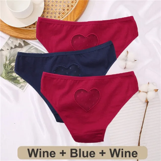 3 pack Cotton Mix Panties Lace Transparent Heart Low-Waist Underpant Hollow Out Briefs Seamless Underwear Lingerie
