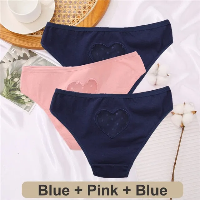 3 pack Cotton Mix Panties Lace Transparent Heart Low-Waist Underpant Hollow Out Briefs Seamless Underwear Lingerie