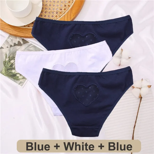 3 pack Cotton Mix Panties Lace Transparent Heart Low-Waist Underpant Hollow Out Briefs Seamless Underwear Lingerie
