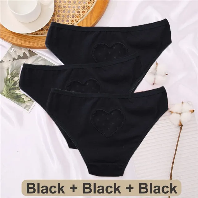 3 pack Cotton Mix Panties Lace Transparent Heart Low-Waist Underpant Hollow Out Briefs Seamless Underwear Lingerie