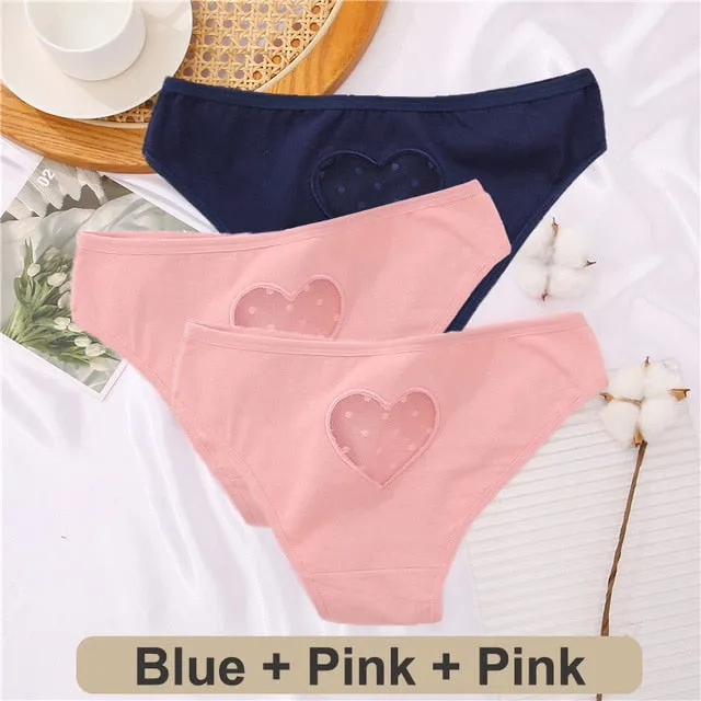 3 pack Cotton Mix Panties Lace Transparent Heart Low-Waist Underpant Hollow Out Briefs Seamless Underwear Lingerie