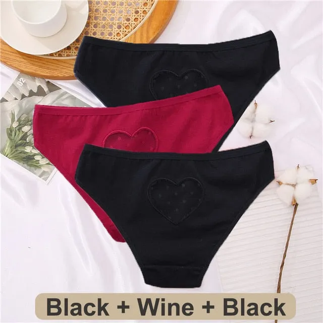 3 pack Cotton Mix Panties Lace Transparent Heart Low-Waist Underpant Hollow Out Briefs Seamless Underwear Lingerie
