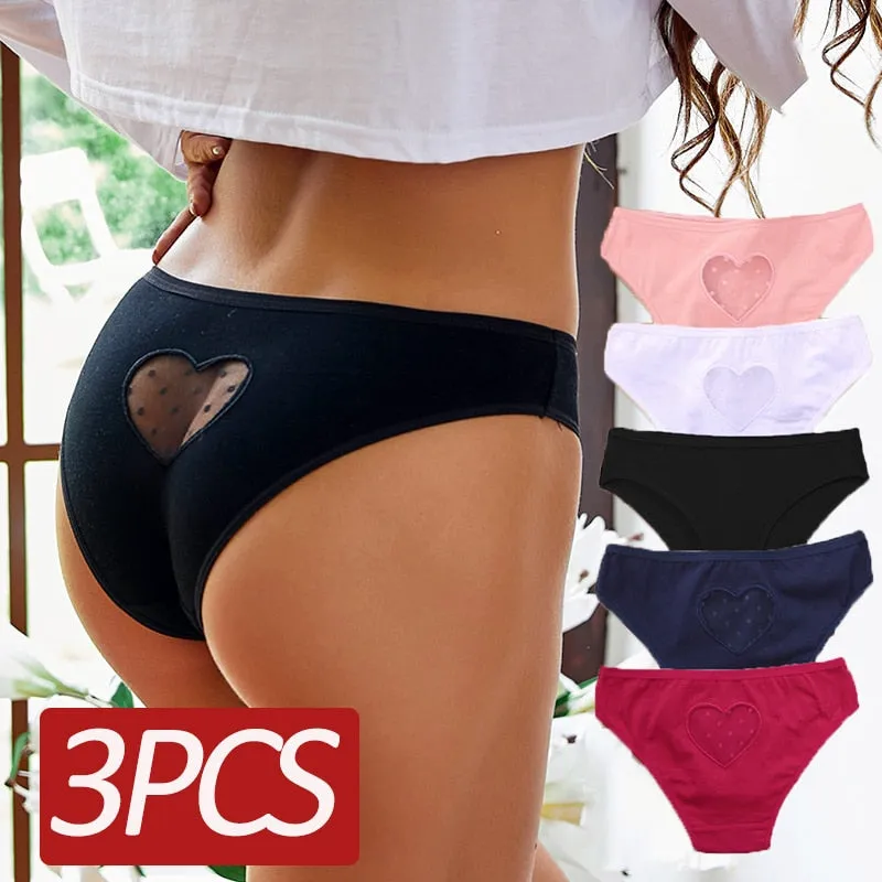 3 pack Cotton Mix Panties Lace Transparent Heart Low-Waist Underpant Hollow Out Briefs Seamless Underwear Lingerie
