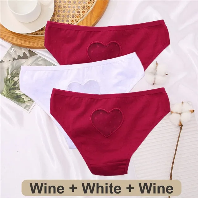 3 pack Cotton Mix Panties Lace Transparent Heart Low-Waist Underpant Hollow Out Briefs Seamless Underwear Lingerie