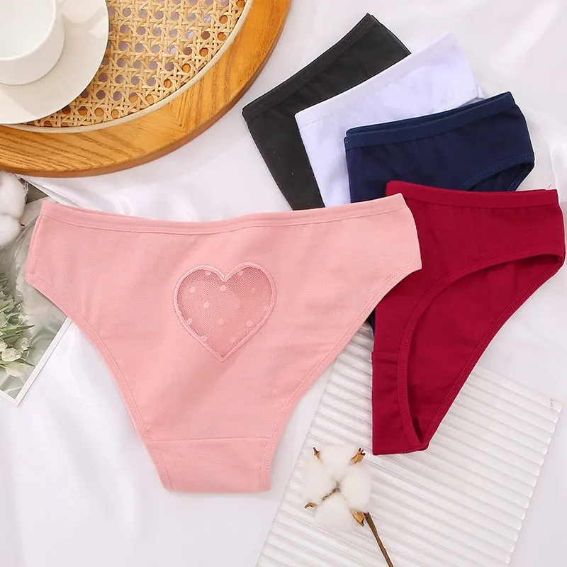 3 pack Cotton Mix Panties Lace Transparent Heart Low-Waist Underpant Hollow Out Briefs Seamless Underwear Lingerie