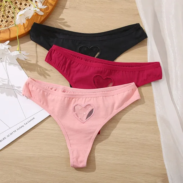 3 pack Cotton Mix Panties Lace Transparent Heart Low-Waist Underpant Hollow Out Briefs Seamless Underwear Lingerie