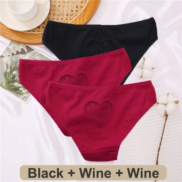 3 pack Cotton Mix Panties Lace Transparent Heart Low-Waist Underpant Hollow Out Briefs Seamless Underwear Lingerie