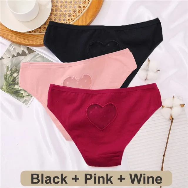 3 pack Cotton Mix Panties Lace Transparent Heart Low-Waist Underpant Hollow Out Briefs Seamless Underwear Lingerie
