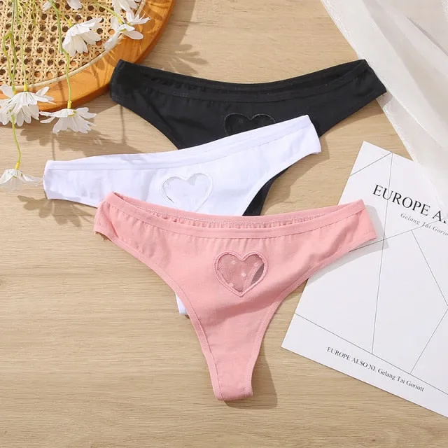 3 pack Cotton Mix Panties Lace Transparent Heart Low-Waist Underpant Hollow Out Briefs Seamless Underwear Lingerie