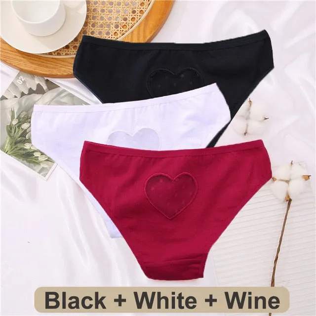 3 pack Cotton Mix Panties Lace Transparent Heart Low-Waist Underpant Hollow Out Briefs Seamless Underwear Lingerie