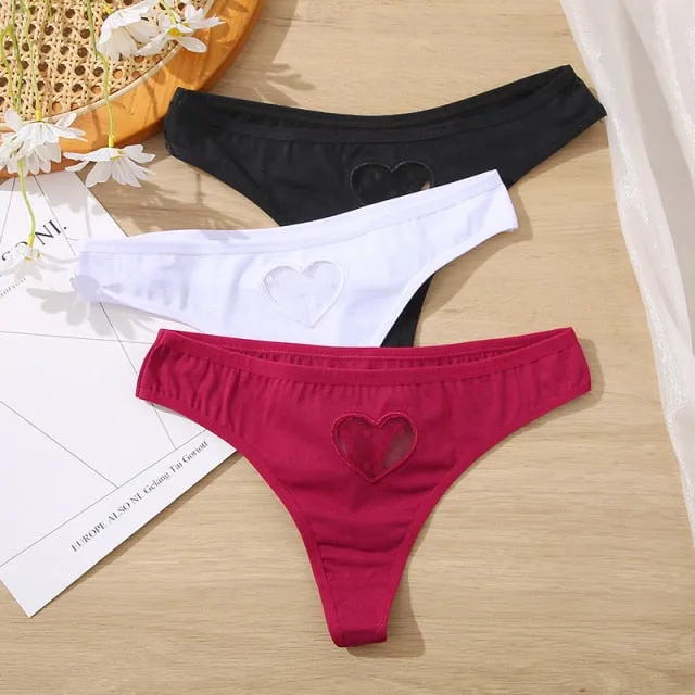 3 pack Cotton Mix Panties Lace Transparent Heart Low-Waist Underpant Hollow Out Briefs Seamless Underwear Lingerie