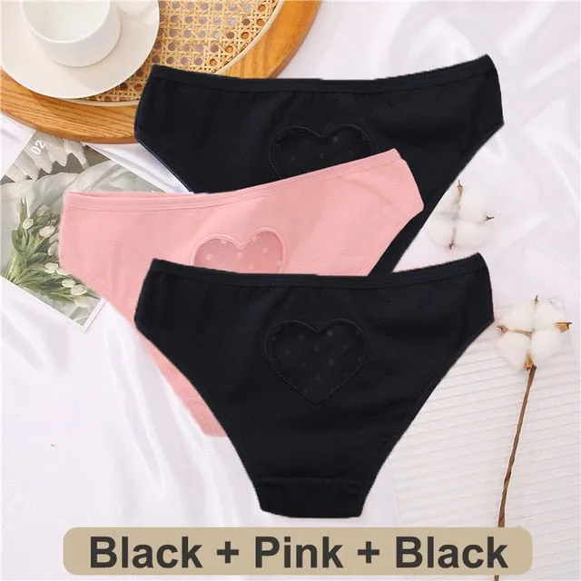3 pack Cotton Mix Panties Lace Transparent Heart Low-Waist Underpant Hollow Out Briefs Seamless Underwear Lingerie