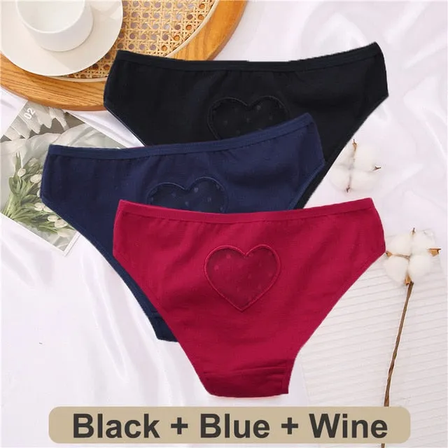 3 pack Cotton Mix Panties Lace Transparent Heart Low-Waist Underpant Hollow Out Briefs Seamless Underwear Lingerie