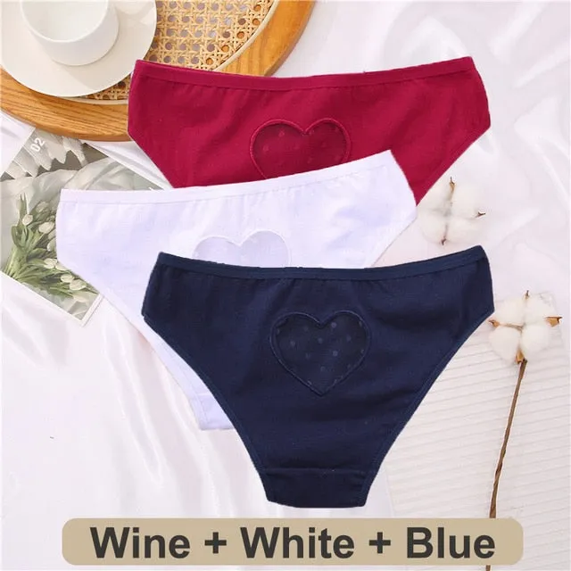 3 pack Cotton Mix Panties Lace Transparent Heart Low-Waist Underpant Hollow Out Briefs Seamless Underwear Lingerie