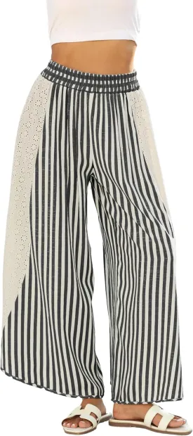 Athlisan Womens Summer Casual Loose Striped Wide Leg Lounge Pants Elastic Waist Palazzo Trousers