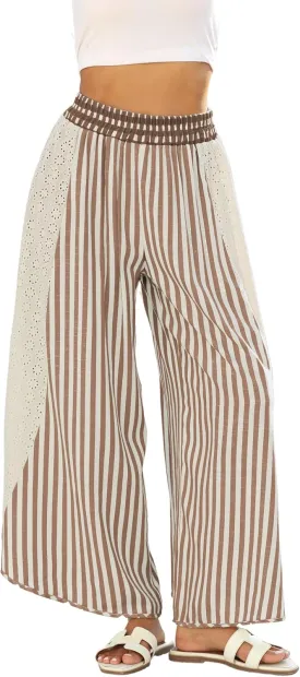 Athlisan Womens Summer Casual Loose Striped Wide Leg Lounge Pants Elastic Waist Palazzo Trousers