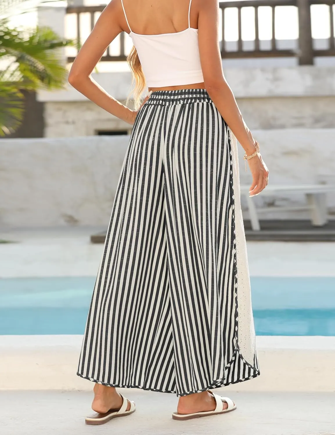 Athlisan Womens Summer Casual Loose Striped Wide Leg Lounge Pants Elastic Waist Palazzo Trousers