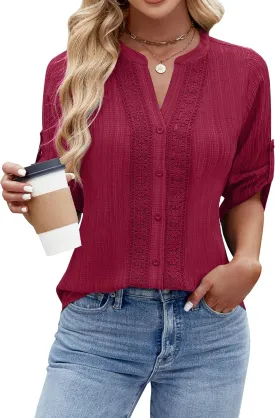 Blooming Jelly Womens Button Down Shirts Lace Crochet Dressy Casual Tops 3/4 Sleeve Work Summer Outfits 2025