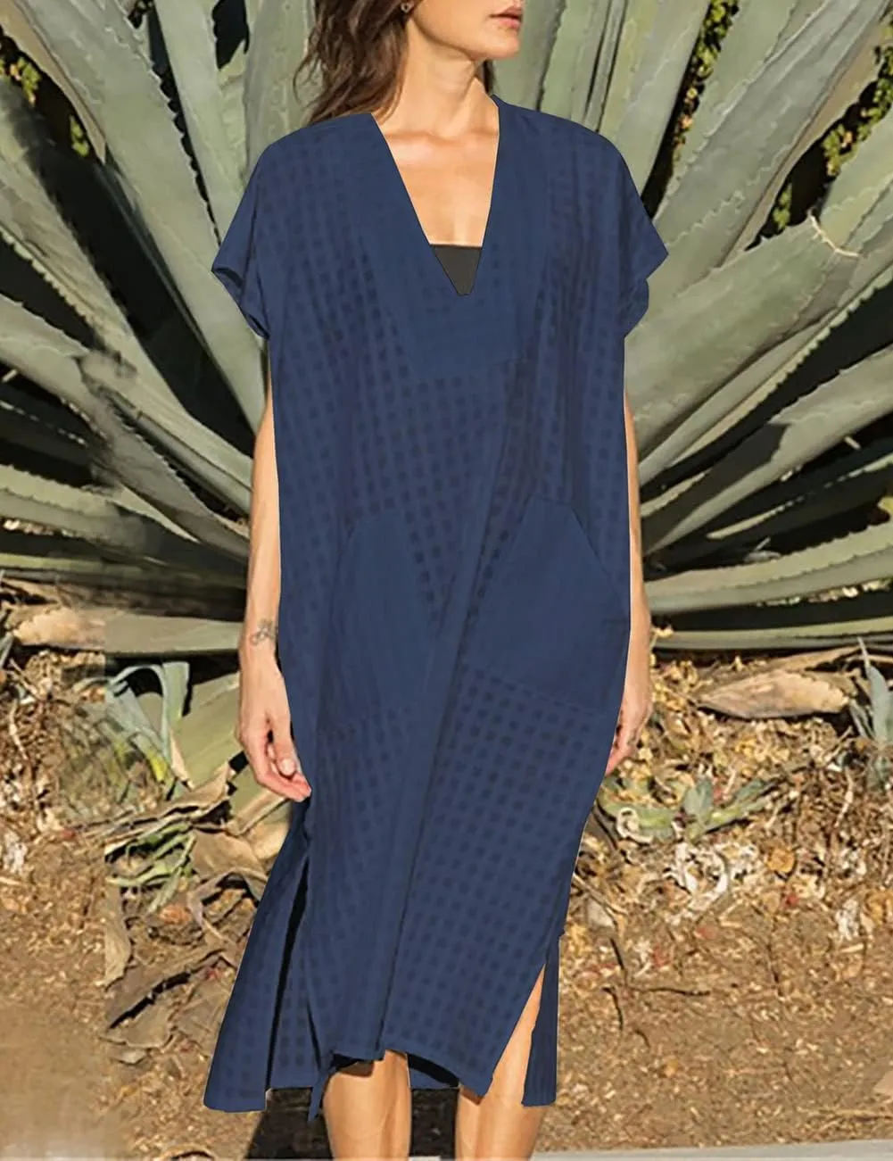 Bsubseach Women Plaid Swimsuit Cover Up V Neck Kaftan Dresses Caftan Maxi Dress