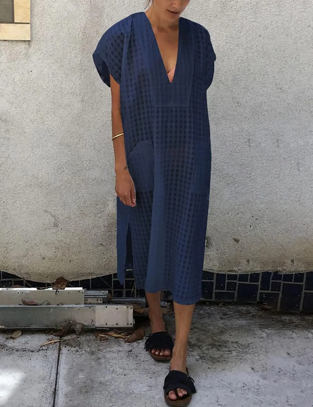 Bsubseach Women Plaid Swimsuit Cover Up V Neck Kaftan Dresses Caftan Maxi Dress
