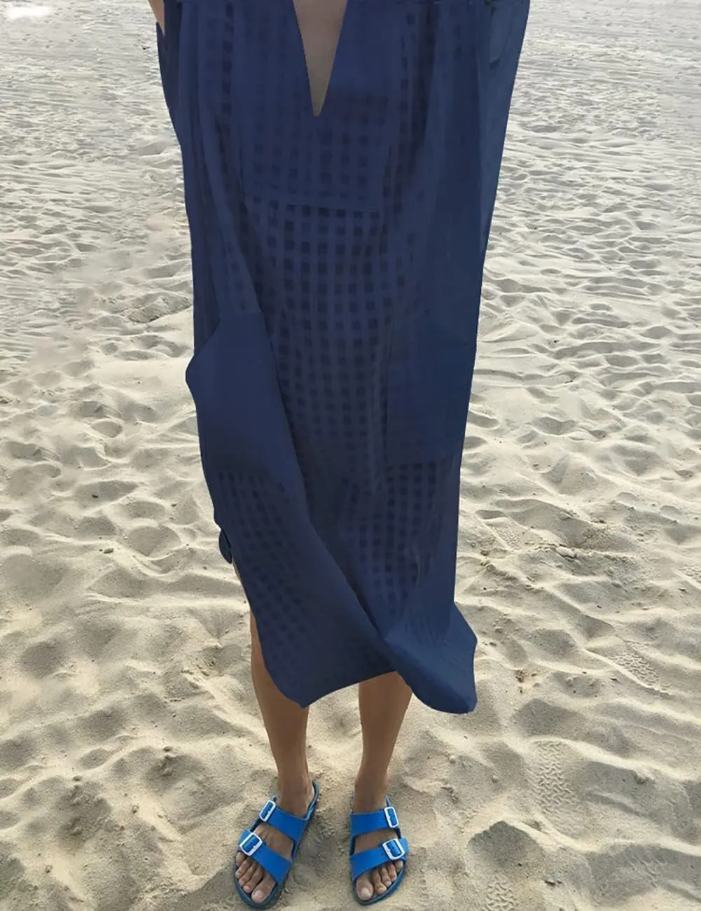 Bsubseach Women Plaid Swimsuit Cover Up V Neck Kaftan Dresses Caftan Maxi Dress