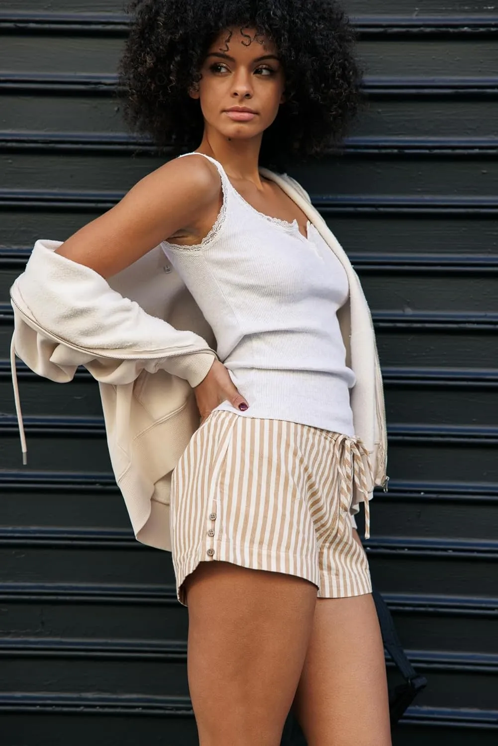 Cali1850 Womens Striped Shorts Low Rise Drawstring Elastic Waistband with Button Closure Side Slit