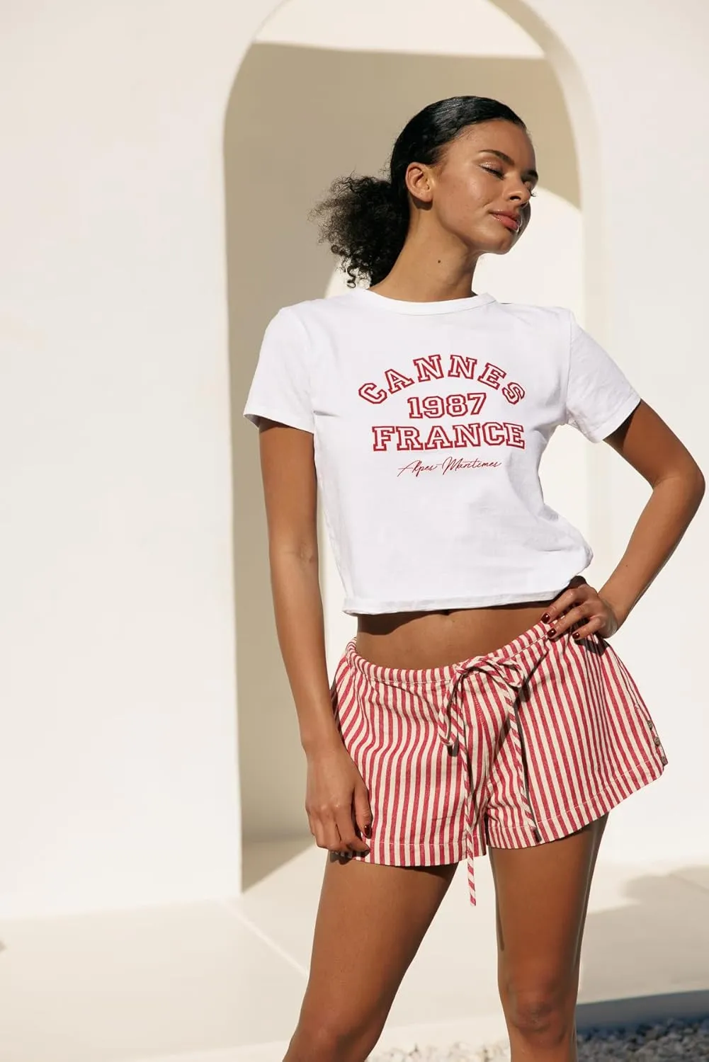 Cali1850 Womens Striped Shorts Low Rise Drawstring Elastic Waistband with Button Closure Side Slit