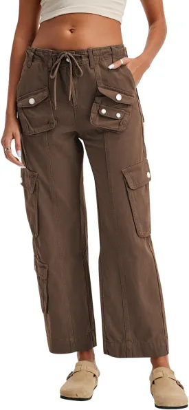 Cargo Pants for Women Low Rise Drawstring Waist 7 Pockets Hiking Work Wide Leg Pants with Zipper Button Closure