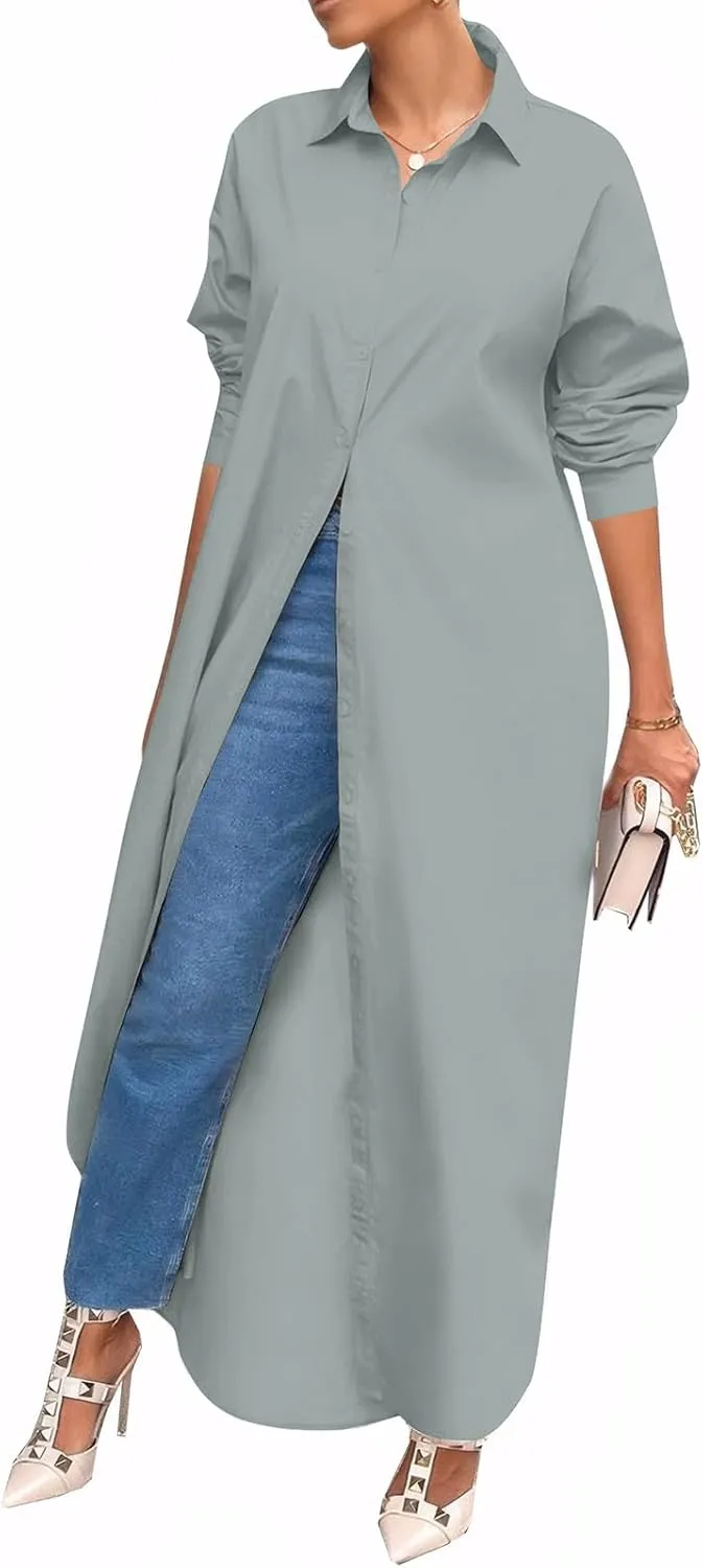 Choichic Shirt Dresses for Women Casual Long Sleeve Cotton Button Down Maxi Dresses