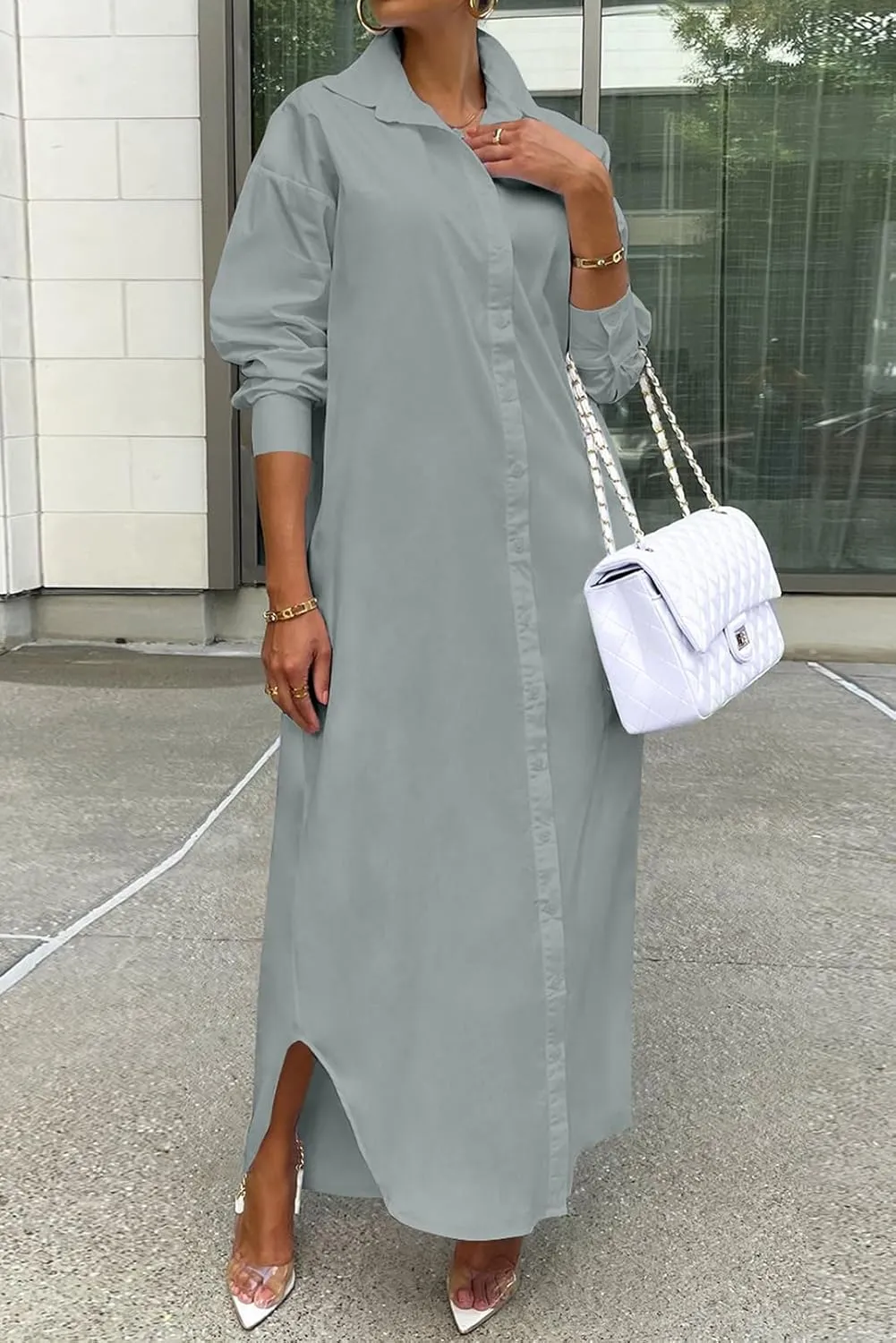 Choichic Shirt Dresses for Women Casual Long Sleeve Cotton Button Down Maxi Dresses