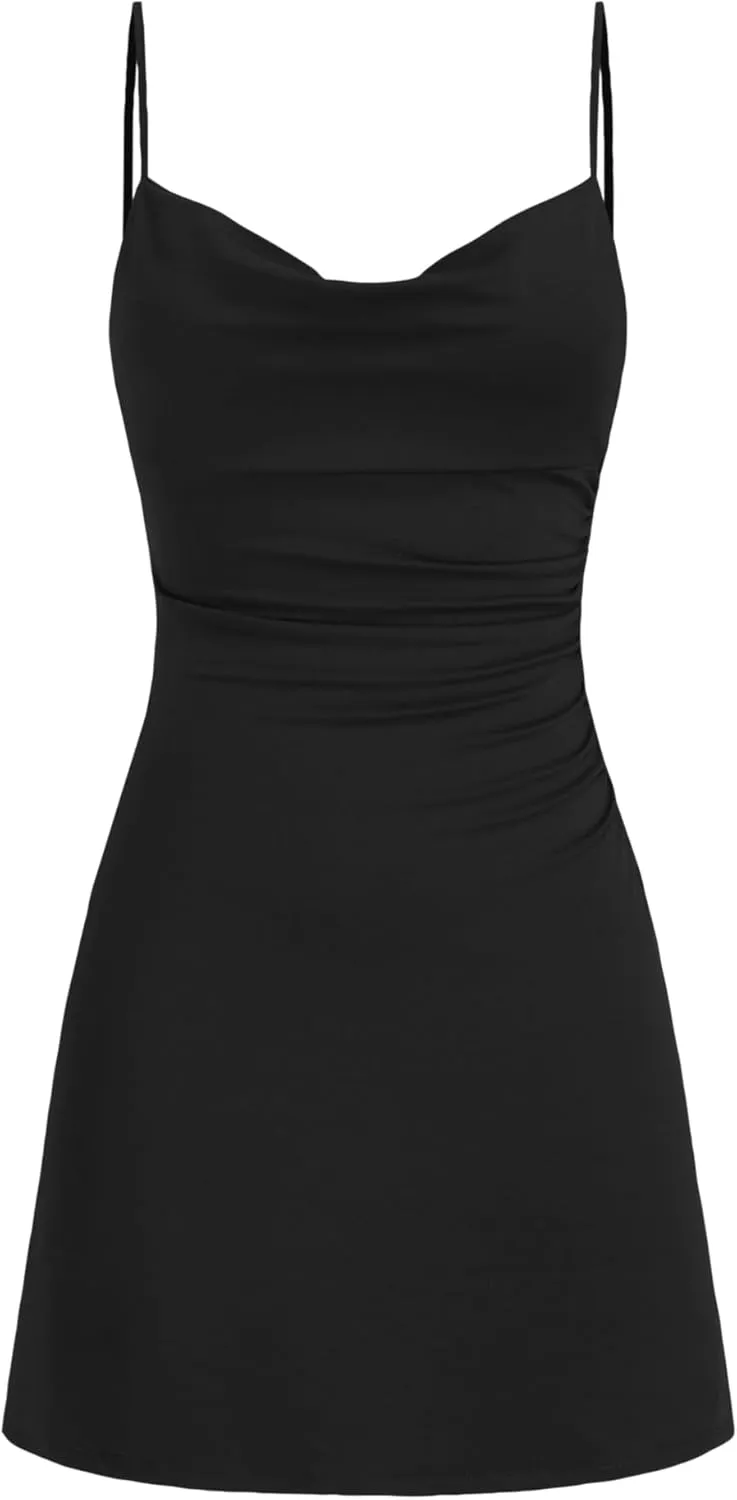 CIDER Womens Cowl Neck Ruched Lace Back Sleeveless Dresses Spaghetti Strap A Line Semi Formal Party Club Dress