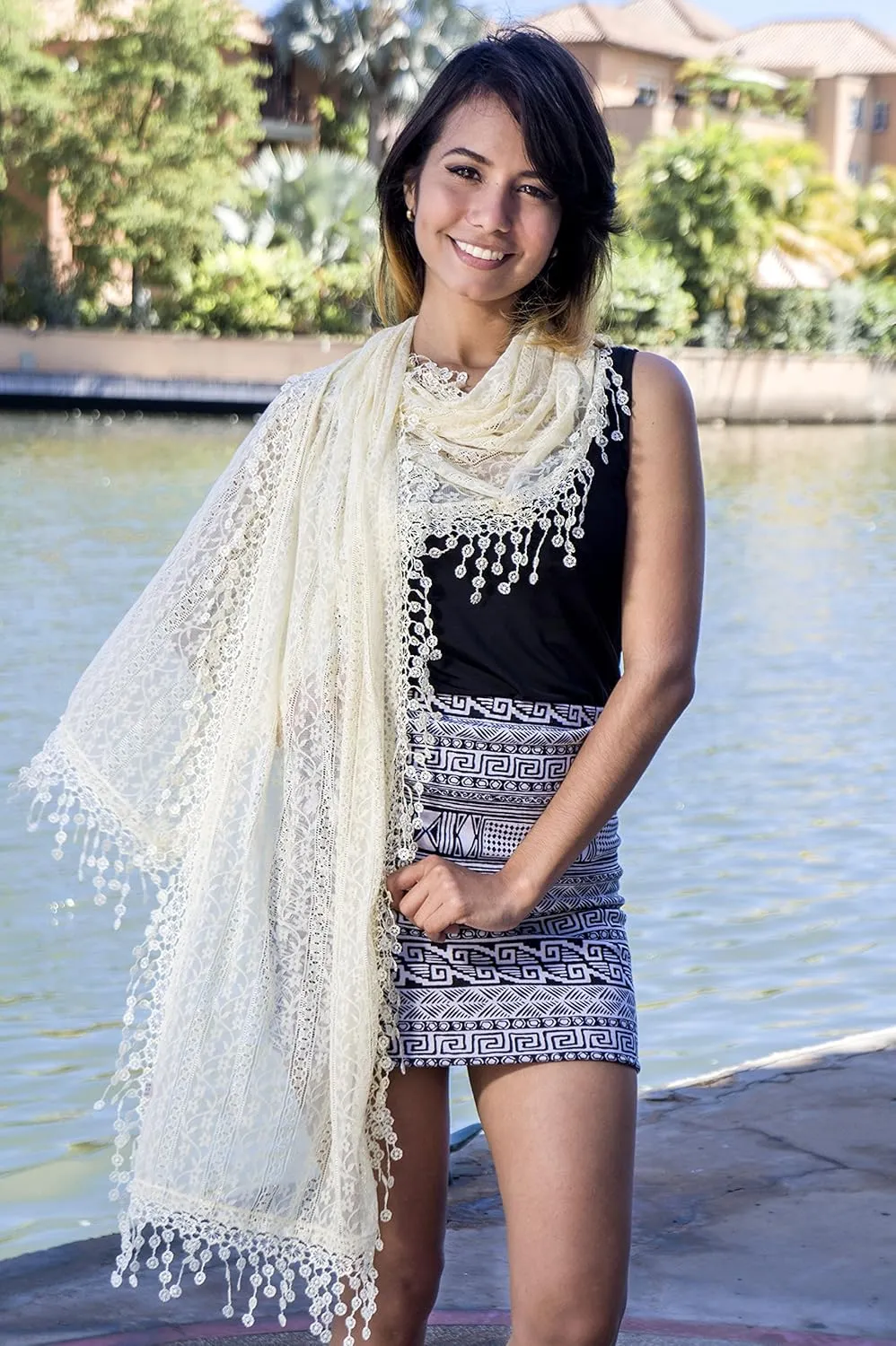 Cindy and Wendy Lightweight Soft Leaf Lace Fringes Scarf shawl for Women