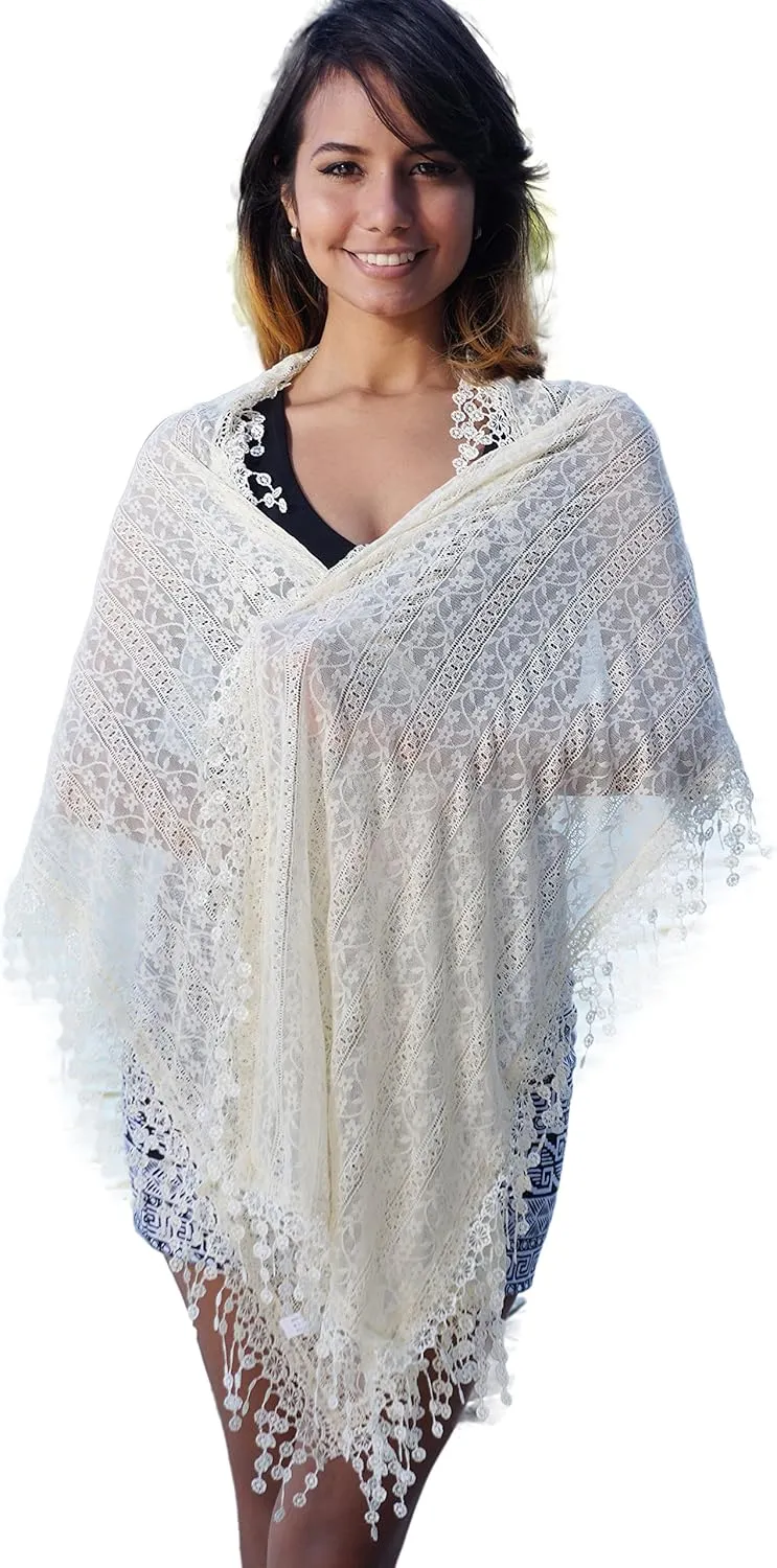 Cindy and Wendy Lightweight Soft Leaf Lace Fringes Scarf shawl for Women